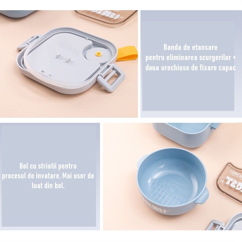 Caserolă pentru copii – Lunch Box 750 ml, cu două boluri, lingură și foarfecă, rezistentă la scurgeri