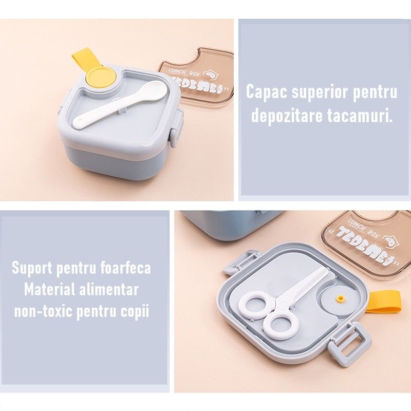 Caserolă pentru copii – Lunch Box 750 ml, cu două boluri, lingură și foarfecă, rezistentă la scurgeri