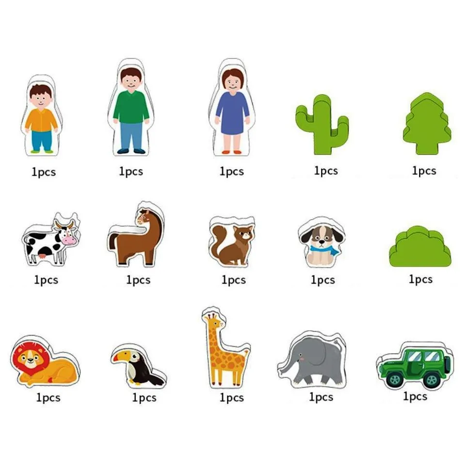 Set Montessori – Blocuri de Construcție din Lemn, 122 Piese cu Animale și Figuri