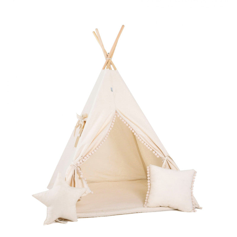 Cort teepee pentru copii Cream Cloud + două perne, 110 cm x 110 cm