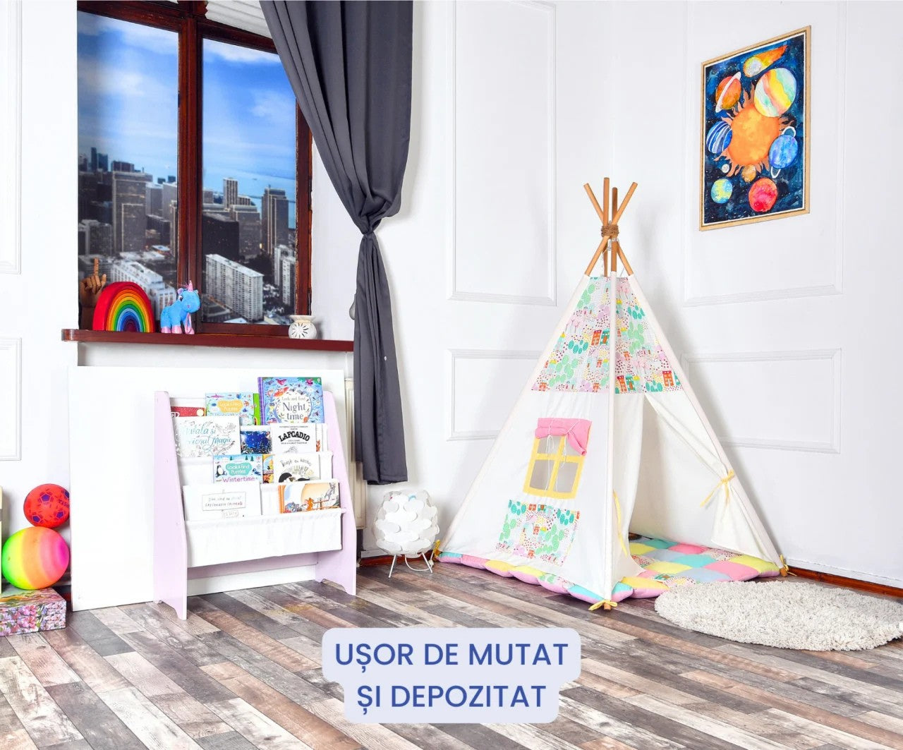 Raft de Carti pentru Copii, Organizator cu etajere din textil, pentru depozitare jucarii, carti si caiete. Mobilier din Lemn MDF, 71.5 x 62 x 30 cm