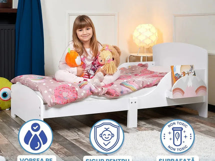 Pat Copii cu Protectie Laterala si Raft Depozitare Carti si Jucarii, Model Curcubeu, Patut pentru Fetite Varsta de 3 - 8 Ani, Mobilier din Lemn MDF, Alb + Bonus Stickere Fosforescente - Bebeboo - Totul pentru copii. Jucării, Hăinuțe, Perne, Mobilier, Textile