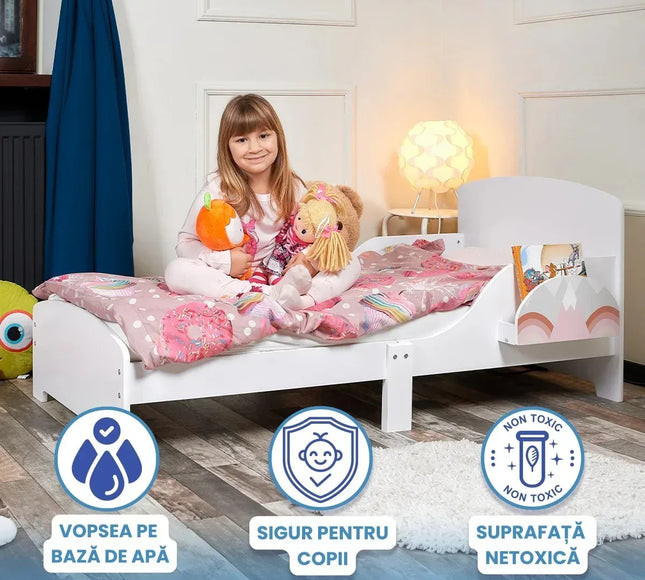 Pat Copii cu Protectie Laterala si Raft Depozitare Carti si Jucarii, Model Curcubeu, Patut pentru Fetite Varsta de 3 - 8 Ani, Mobilier din Lemn MDF, Alb + Bonus Stickere Fosforescente - Bebeboo - Totul pentru copii. Jucării, Hăinuțe, Perne, Mobilier, Textile