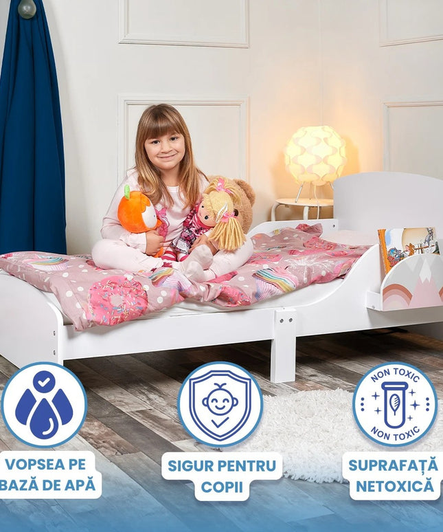 Pat Copii cu Protectie Laterala si Raft Depozitare Carti si Jucarii, Model Curcubeu, Patut pentru Fetite Varsta de 3 - 8 Ani, Mobilier din Lemn MDF, Alb + Bonus Stickere Fosforescente