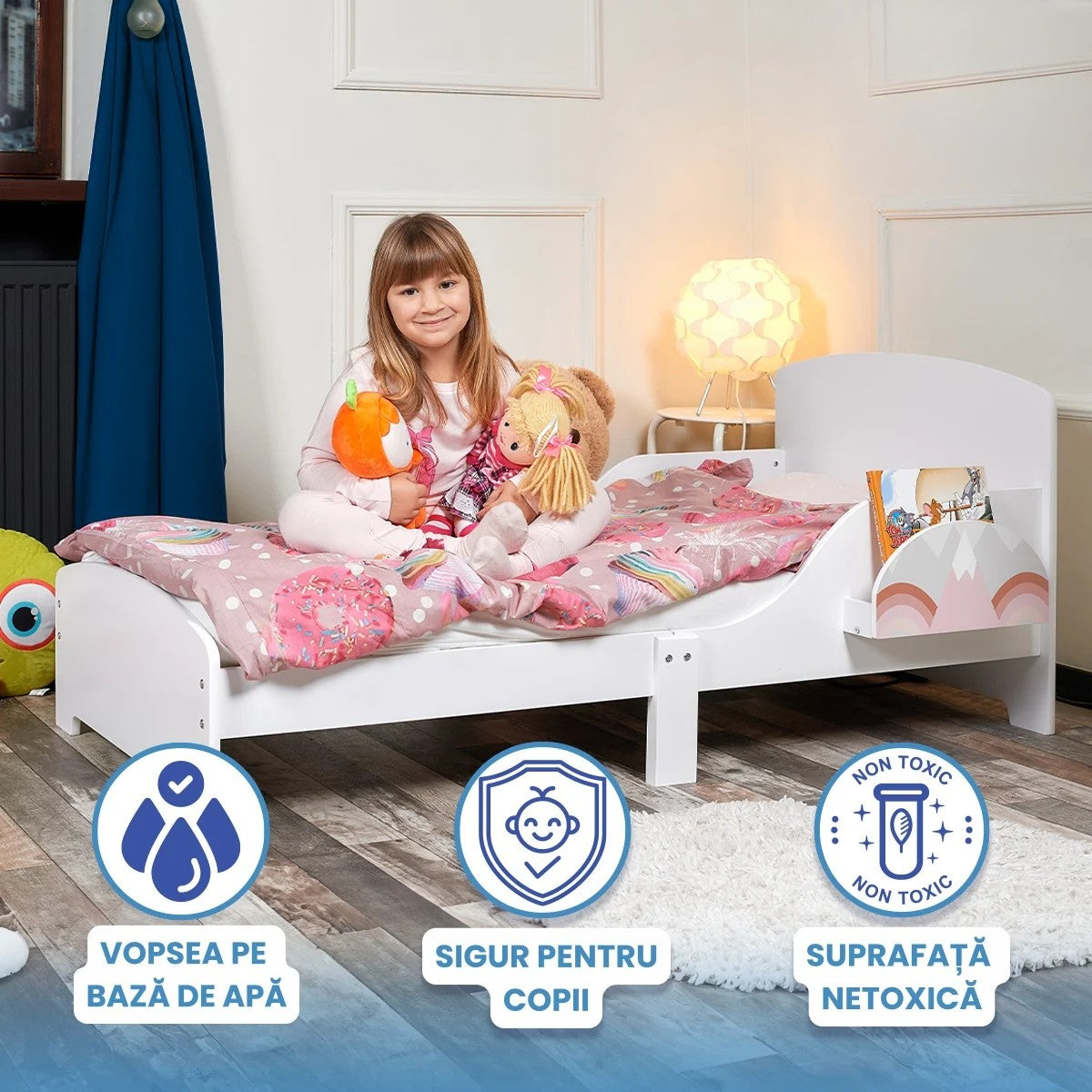 Pat Copii cu Protectie Laterala si Raft Depozitare Carti si Jucarii, Model Curcubeu, Patut pentru Fetite Varsta de 3 - 8 Ani, Mobilier din Lemn MDF, Alb + Bonus Stickere Fosforescente