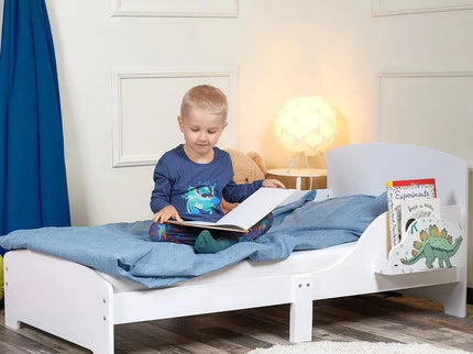 Pat Copii cu Protectie Laterala si Raft Depozitare Carti si Jucarii, Model Dinozaur, Patut pentru Baieti si Fetite Varsta de 3 - 8 Ani, Mobilier din Lemn MDF, Alb + Bonus Stickere Fosforescente - Bebeboo - Totul pentru copii. Jucării, Hăinuțe, Perne, Mobilier, Textile