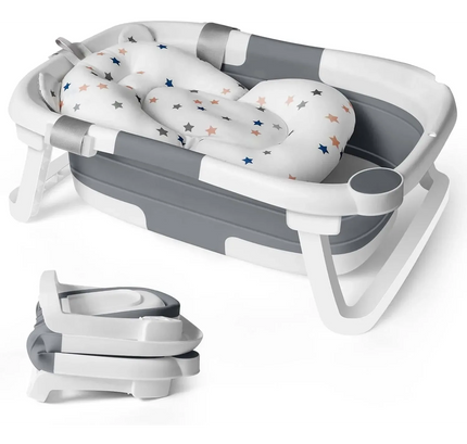 Cădiță de baie pliabilă pentru bebeluși, cu pernă moale, indicator de temperatură și suport pentru cap de duș – 63x42x20 cm, Gri - Bebeboo - Totul pentru copii. Jucării, Hăinuțe, Perne, Mobilier, Textile