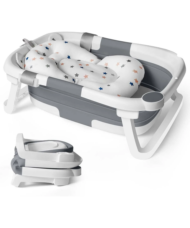 Cădiță de baie pliabilă pentru bebeluși, cu pernă moale, indicator de temperatură și suport pentru cap de duș – 63x42x20 cm, Gri