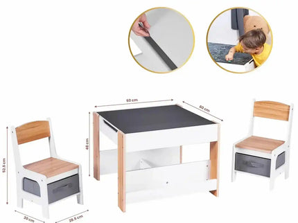 Set Masuta cu 2 Scaune pentru copii, cu Rafturi pentru Carti, Suporto, din MDF, Sertare Depozitare, Organizator Jucarii, Tabla de Scris, Desenat, Studiat. Alb cu Maro, 3-6 ani - Bebeboo - Totul pentru copii. Jucării, Hăinuțe, Perne, Mobilier, Textile