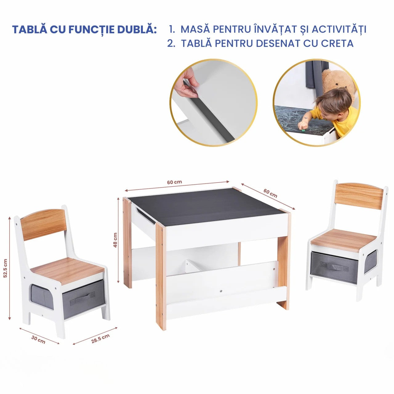 Set Masuta cu 2 Scaune pentru copii, cu Rafturi pentru Carti, Suporto, din MDF, Sertare Depozitare, Organizator Jucarii, Tabla de Scris, Desenat, Studiat. Alb cu Maro, 3-6 ani