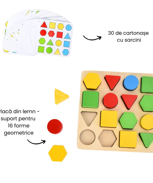 Joc de asociere a formelor geometrice din lemn, 3 ani+