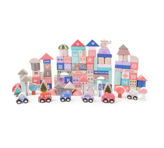 Set cuburi de constructii creative Ecotoys HM015220, din lemn, 115 blocuri - Bebeboo - Totul pentru copii. Jucării, Hăinuțe, Perne, Mobilier, Textile