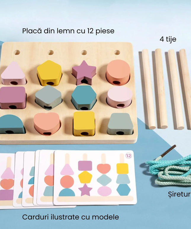Joc de potrivire a formelor din lemn pe tije, 3 ani+