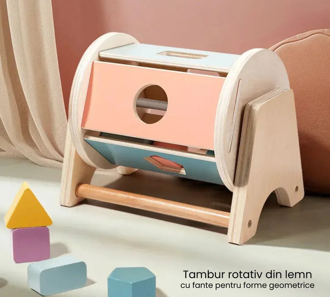 Joc de tip Montessori, Tambur cu forme geometrice, 1 an+ - Bebeboo - Totul pentru copii. Jucării, Hăinuțe, Perne, Mobilier, Textile