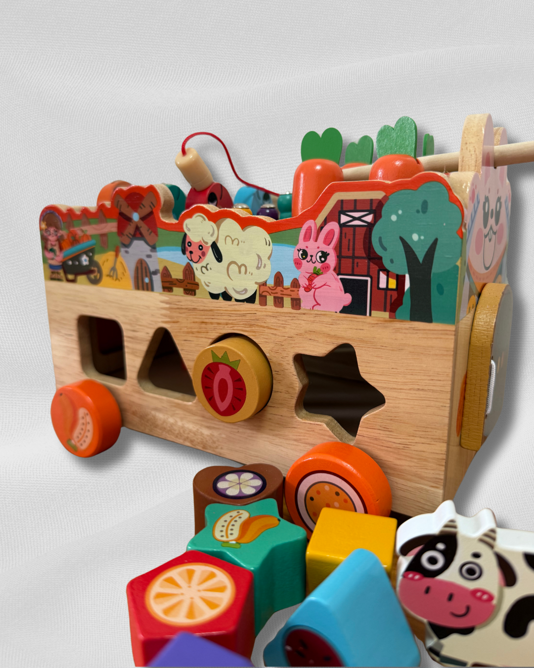 Mașinuță Interactivă din Lemn – Fermă Montessori cu 8 Activități Educaționale