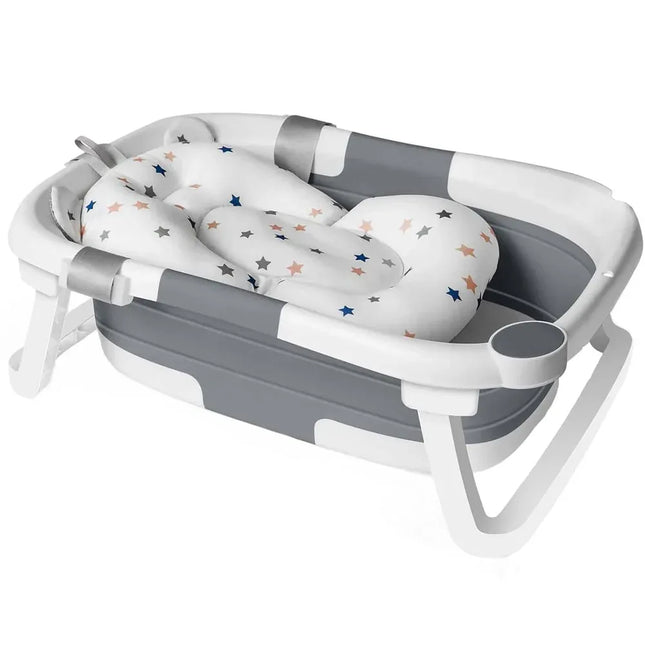 Cădiță de baie pliabilă pentru bebeluși, cu pernă moale, indicator de temperatură și suport pentru cap de duș – 63x42x20 cm, Gri - Bebeboo - Totul pentru copii. Jucării, Hăinuțe, Perne, Mobilier, Textile