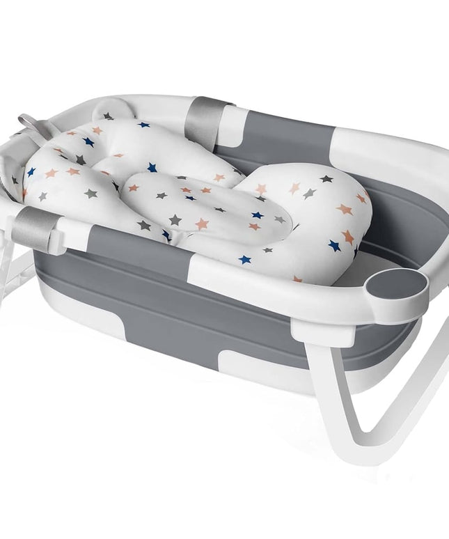 Cădiță de baie pliabilă pentru bebeluși, cu pernă moale, indicator de temperatură și suport pentru cap de duș – 63x42x20 cm, Gri