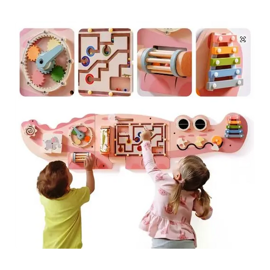 Busy Board din Lemn pentru Perete – Model Crocodil, Activități Montessori pentru Dezvoltare