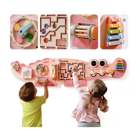 Busy Board din Lemn pentru Perete – Model Crocodil, Activități Montessori pentru Dezvoltare