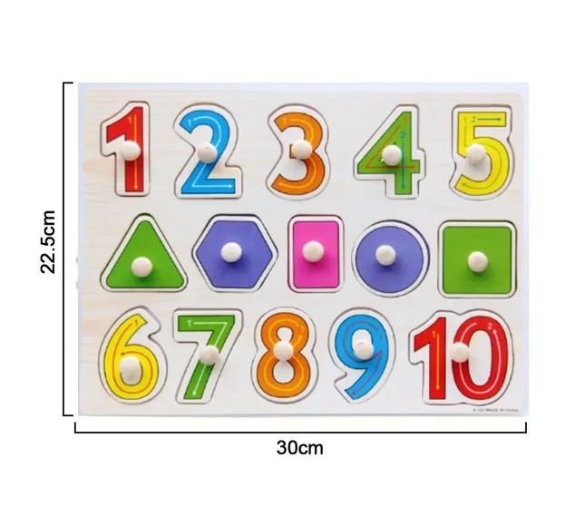 Puzzle Educațional din Lemn – Cifre și Forme Geometrice cu Mânere - Bebeboo - Totul pentru copii. Jucării, Hăinuțe, Perne, Mobilier, Textile