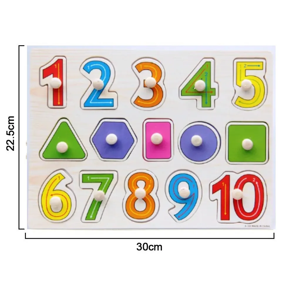 Puzzle Educațional din Lemn – Cifre și Forme Geometrice cu Mânere