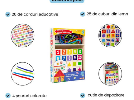 Joc educativ din lemn, 25 de cuburi numerotate și 10 carduri, 1.5 ani+ - Bebeboo - Totul pentru copii. Jucării, Hăinuțe, Perne, Mobilier, Textile