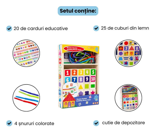 Joc educativ din lemn, 25 de cuburi numerotate și 10 carduri, 1.5 ani+ - Bebeboo - Totul pentru copii. Jucării, Hăinuțe, Perne, Mobilier, Textile