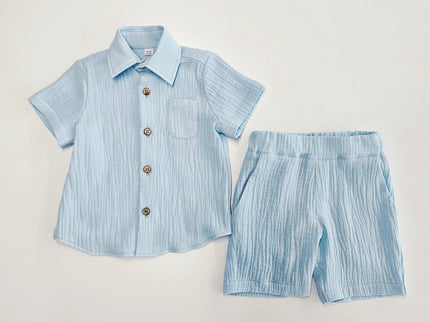 Set baieti albastru camasa cu pantaloni scurti din muselina - Bebeboo - Totul pentru copii. Jucării, Hăinuțe, Perne, Mobilier, Textile