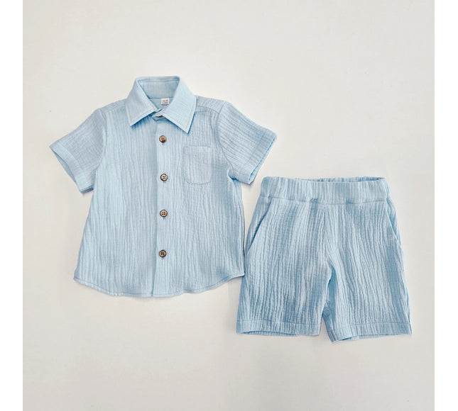 Set baieti albastru camasa cu pantaloni scurti din muselina - Bebeboo - Totul pentru copii. Jucării, Hăinuțe, Perne, Mobilier, Textile