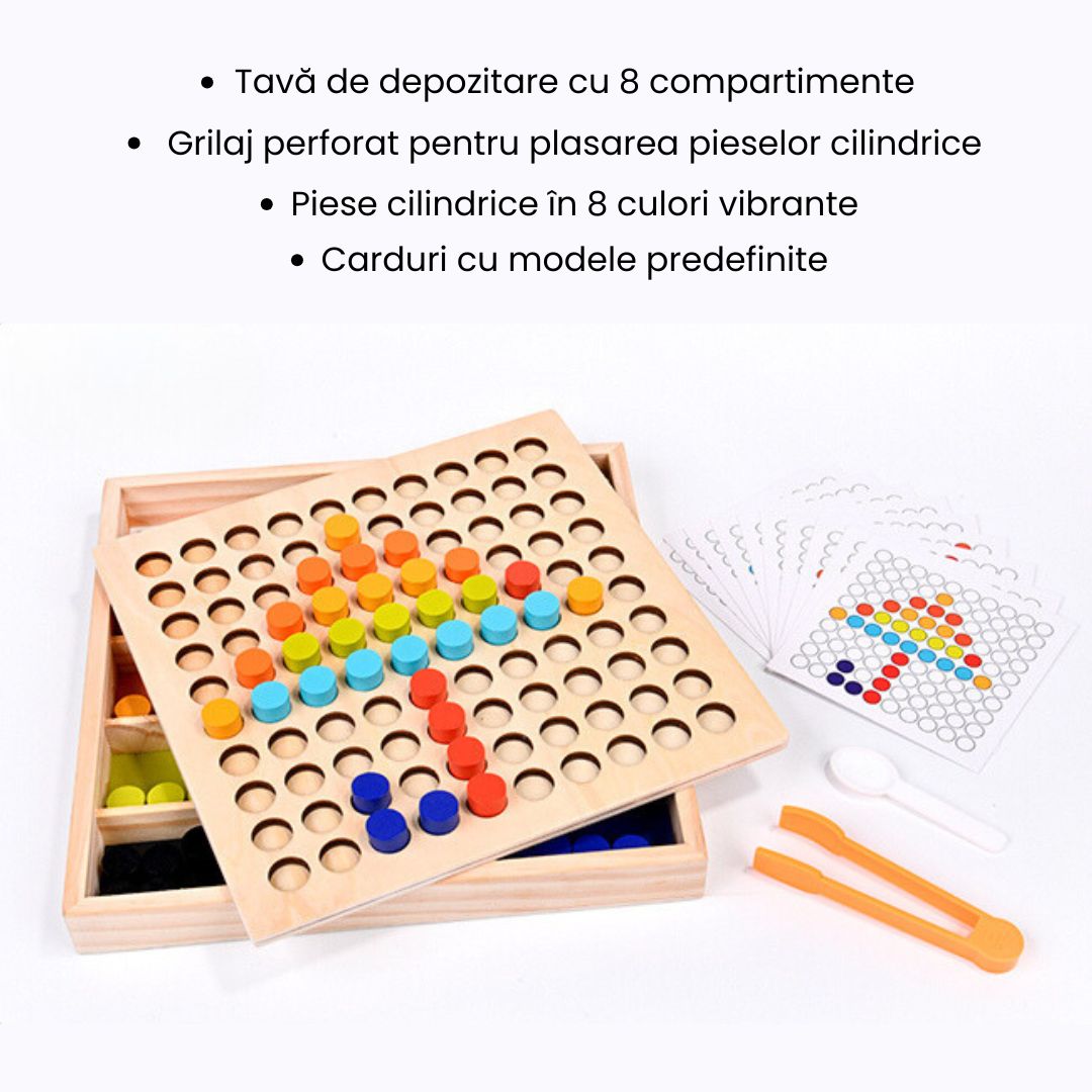 Joc educativ mozaic cu piese cilindrice din lemn, 3 ani+