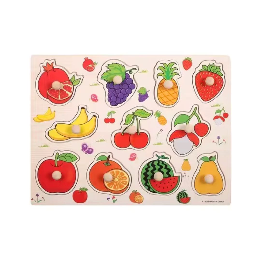 Puzzle incastru din lemn cu 11 Fructe, 2 ani+