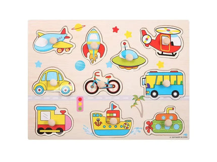 Puzzle incastru din lemn cu 10 Mijloace de Transport, 2 ani+ - Bebeboo - Totul pentru copii. Jucării, Hăinuțe, Perne, Mobilier, Textile