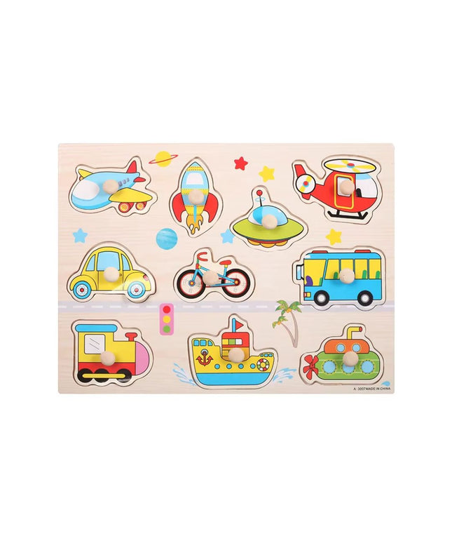 Puzzle incastru din lemn cu 10 Mijloace de Transport, 2 ani+