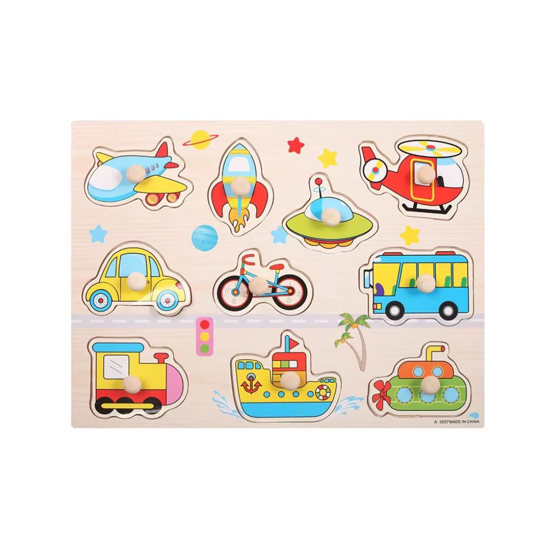 Puzzle incastru din lemn cu 10 Mijloace de Transport, 2 ani+