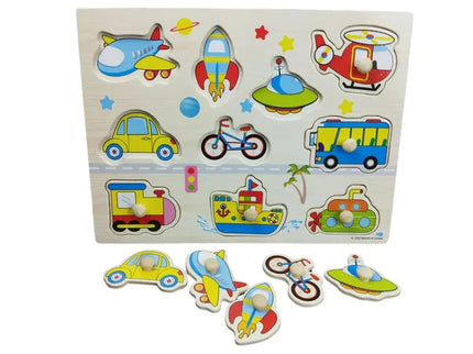 Puzzle incastru din lemn cu 10 Mijloace de Transport, 2 ani+ - Bebeboo - Totul pentru copii. Jucării, Hăinuțe, Perne, Mobilier, Textile
