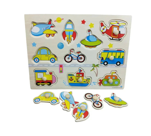 Puzzle incastru din lemn cu 10 Mijloace de Transport, 2 ani+ - Bebeboo - Totul pentru copii. Jucării, Hăinuțe, Perne, Mobilier, Textile