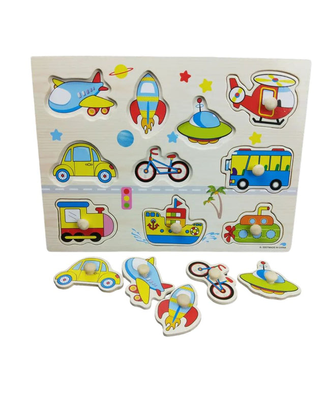 Puzzle incastru din lemn cu 10 Mijloace de Transport, 2 ani+