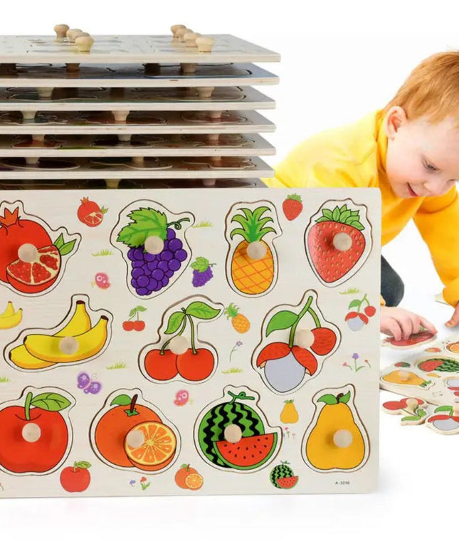 Puzzle incastru din lemn cu 11 Fructe, 2 ani+