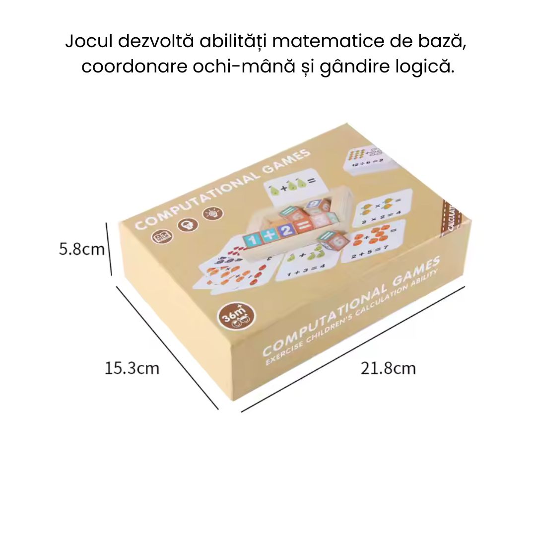 Joc interactiv de calcul matematic, 8 Cuburi din lemn și 53 Carduri , 3 ani+