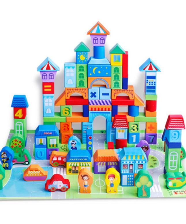 Set de Construcție din lemn Smart Town, 100 piese, 3 ani+