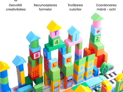 Set de Construcție din lemn Smart Town, 100 piese, 3 ani+ - Bebeboo - Totul pentru copii. Jucării, Hăinuțe, Perne, Mobilier, Textile