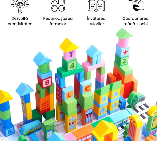 Set de Construcție din lemn Smart Town, 100 piese, 3 ani+ - Bebeboo - Totul pentru copii. Jucării, Hăinuțe, Perne, Mobilier, Textile