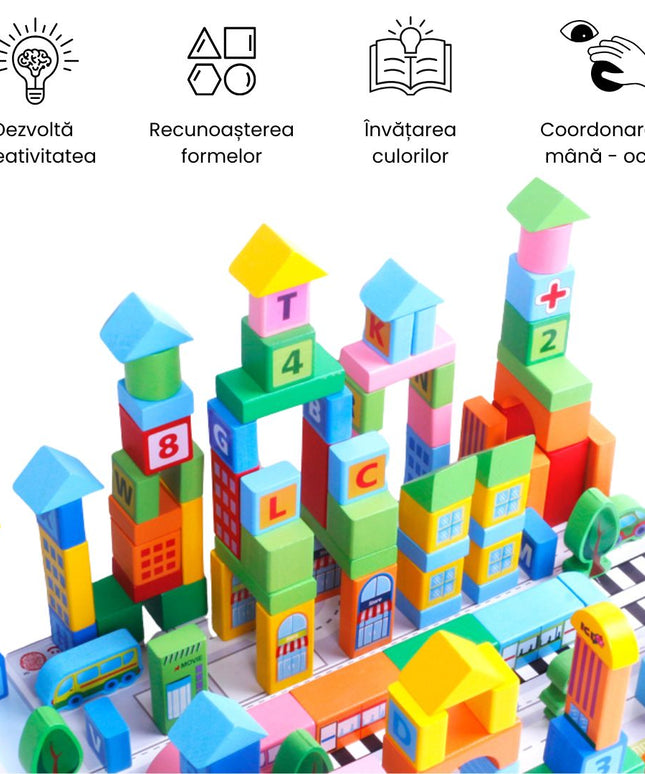 Set de Construcție din lemn Smart Town, 100 piese, 3 ani+
