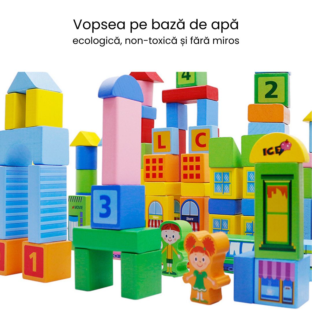 Set de Construcție din lemn Smart Town, 100 piese, 3 ani+