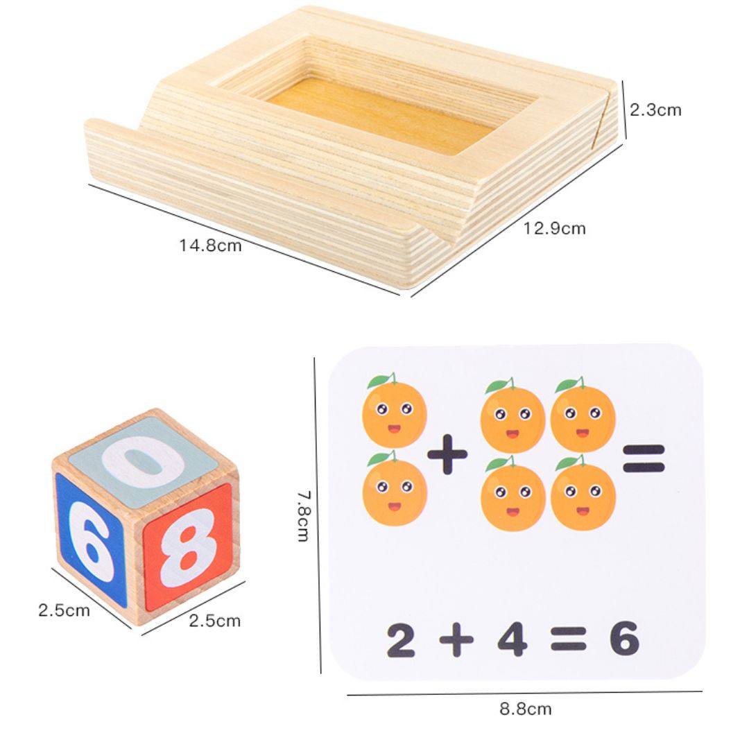 Joc interactiv de calcul matematic, 8 Cuburi din lemn și 53 Carduri , 3 ani+