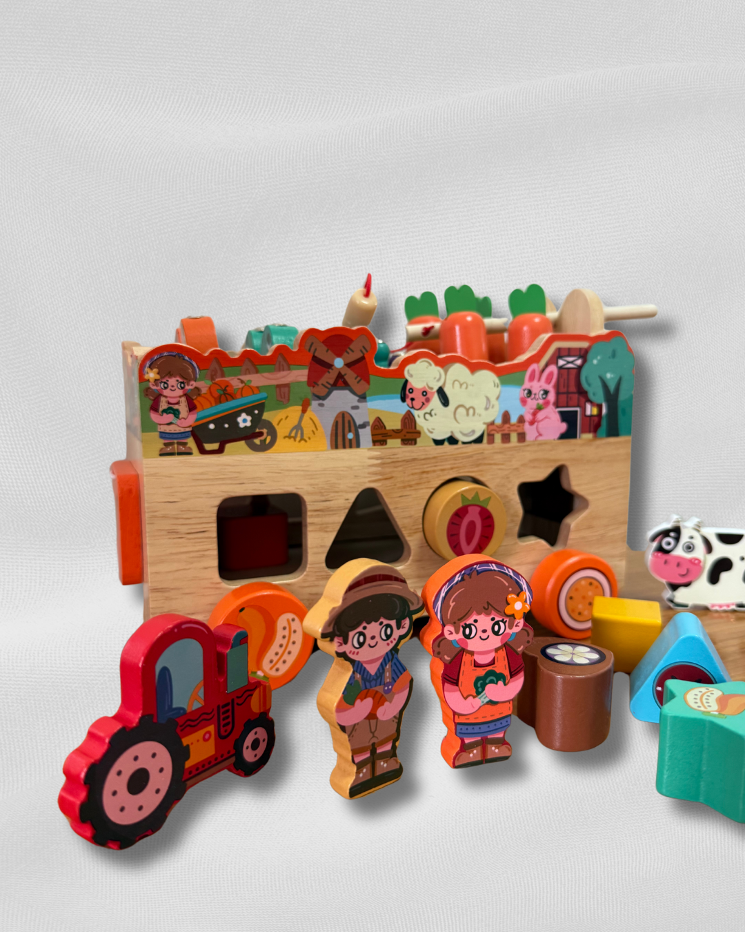 Mașinuță Interactivă din Lemn – Fermă Montessori cu 8 Activități Educaționale