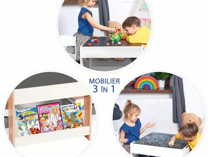 Set Masuta cu 2 Scaune pentru copii, cu Rafturi pentru Carti, Suporto, din MDF, Sertare Depozitare, Organizator Jucarii, Tabla de Scris, Desenat, Studiat. Alb cu Maro, 3-6 ani - Bebeboo - Totul pentru copii. Jucării, Hăinuțe, Perne, Mobilier, Textile