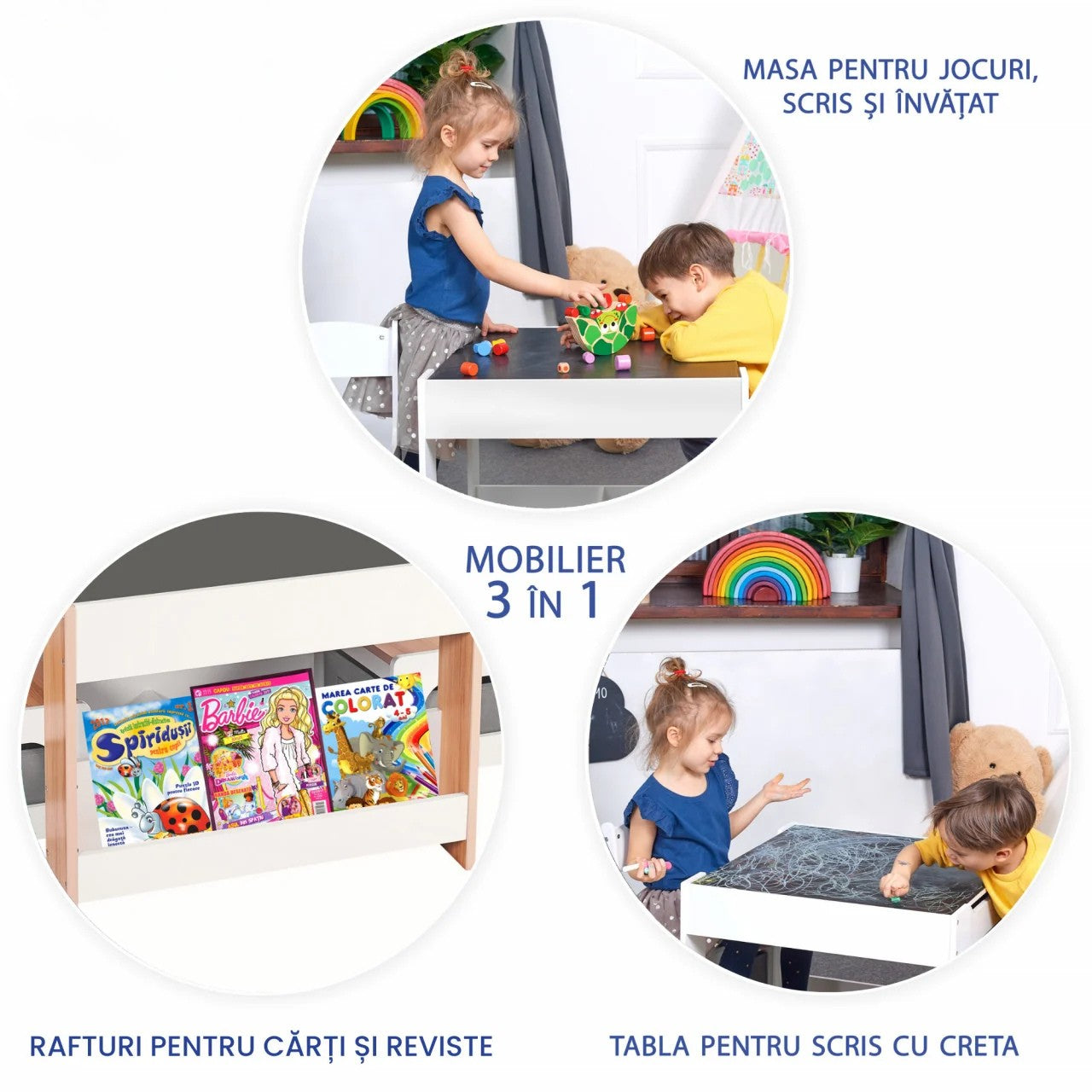 Set Masuta cu 2 Scaune pentru copii, cu Rafturi pentru Carti, Suporto, din MDF, Sertare Depozitare, Organizator Jucarii, Tabla de Scris, Desenat, Studiat. Alb cu Maro, 3-6 ani