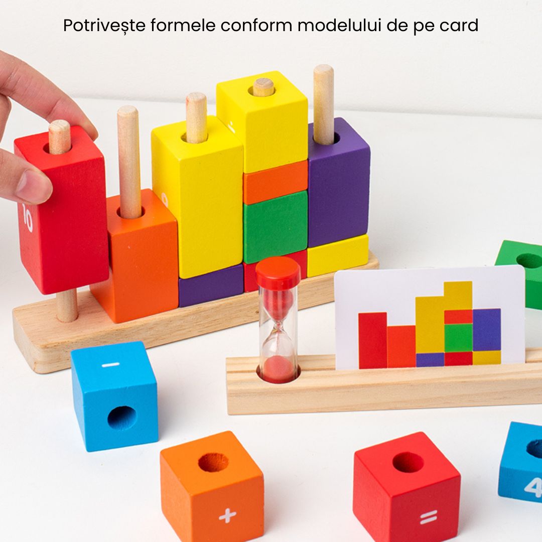 Joc educativ Aritmetica de Bază, piese din lemn și carduri interactive, 3 ani+