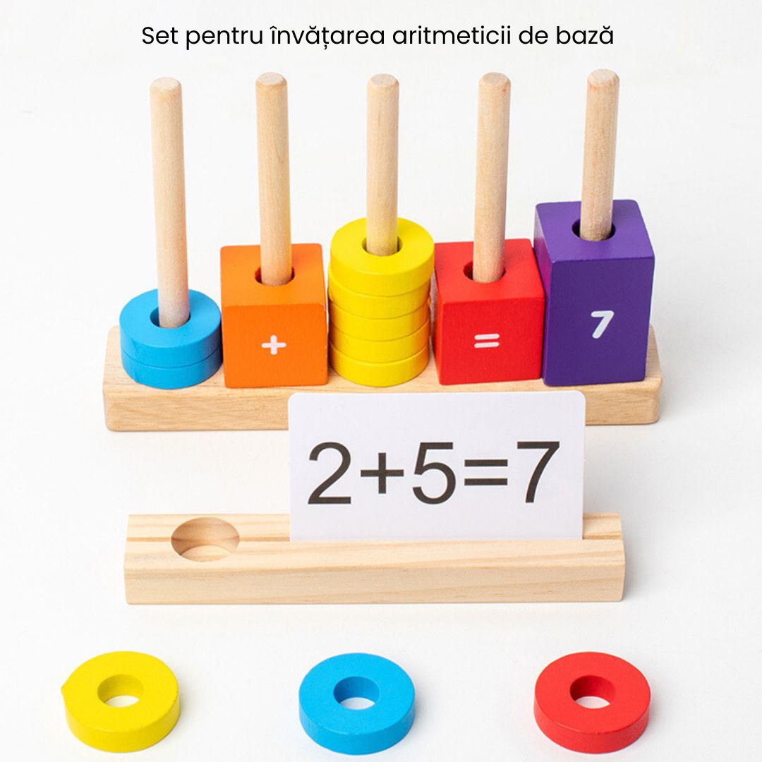 Joc educativ Aritmetica de Bază, piese din lemn și carduri interactive, 3 ani+